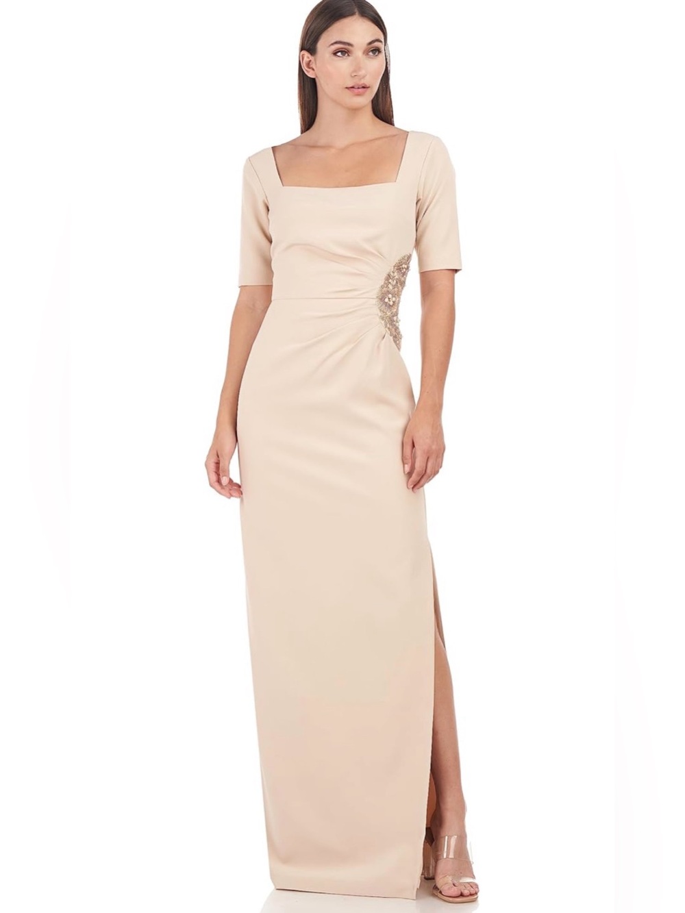 NWT JS Collections Shell Beige Square-Neck Maxi Gown Side Crystal Detail, 14